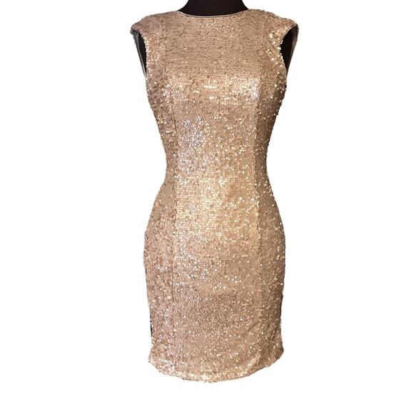 Adrianne Papell Gold Metallic Sequin Stretch Bodycon Mini Cocktail Dress 3 - Picture 1 of 5